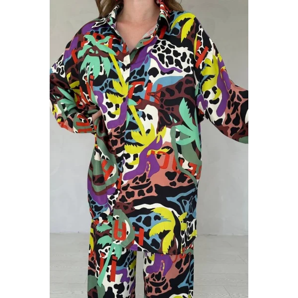 Kahverengi Dijital Desenli Gömlek Ve Pantolon Takım