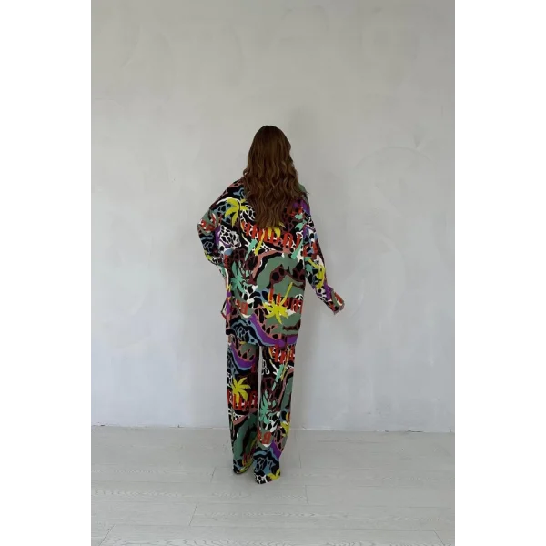 Kahverengi Dijital Desenli Gömlek Ve Pantolon Takım