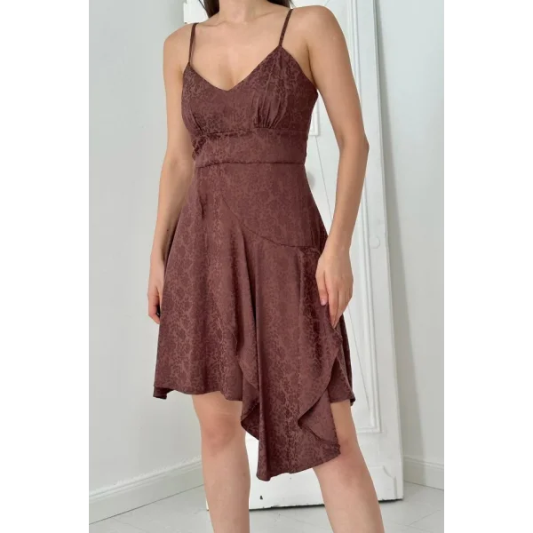 Kahverengi Jakarlı Asimetrik Elbise