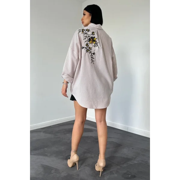 Kahverengi Klasik Bedensiz Çizgili Poplin Nakışlı Gömlek