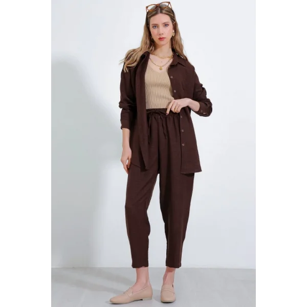 Kahverengi Oversize Keten Alt Üst Takım 6622