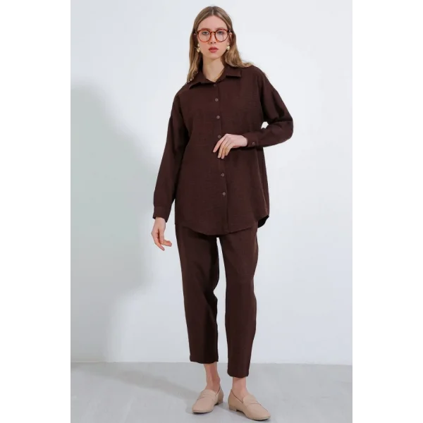 Kahverengi Oversize Keten Alt Üst Takım 6622