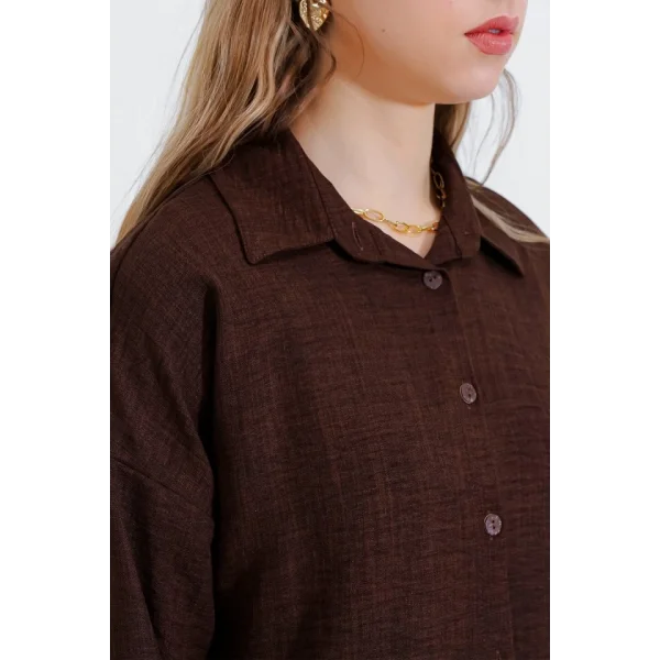 Kahverengi Oversize Keten Alt Üst Takım 6622