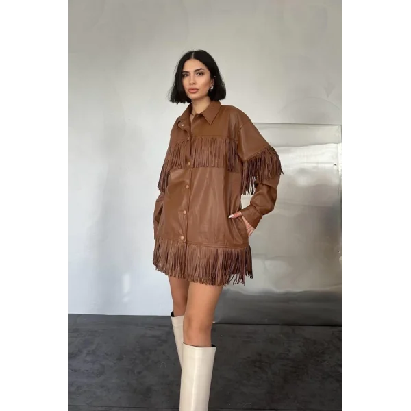 Kahverengi Püsküllü Deri Gömlek
