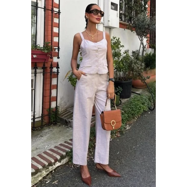 Kalın Askılı Bluz Pantolon Keten Takım 10187