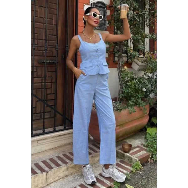 Kalın Askılı Bluz Pantolon Keten Takım 10187