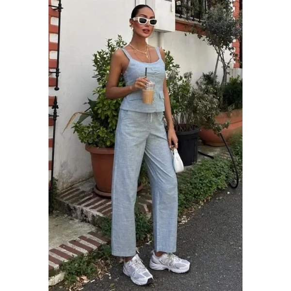 Kalın Askılı Bluz Pantolon Keten Takım 10187