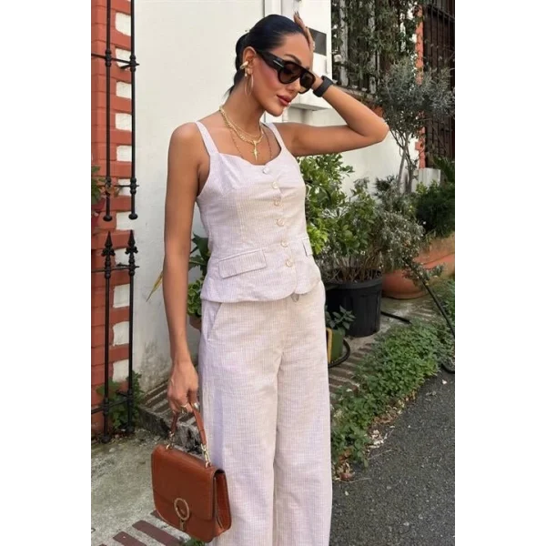 Kalın Askılı Bluz Pantolon Keten Takım 10187