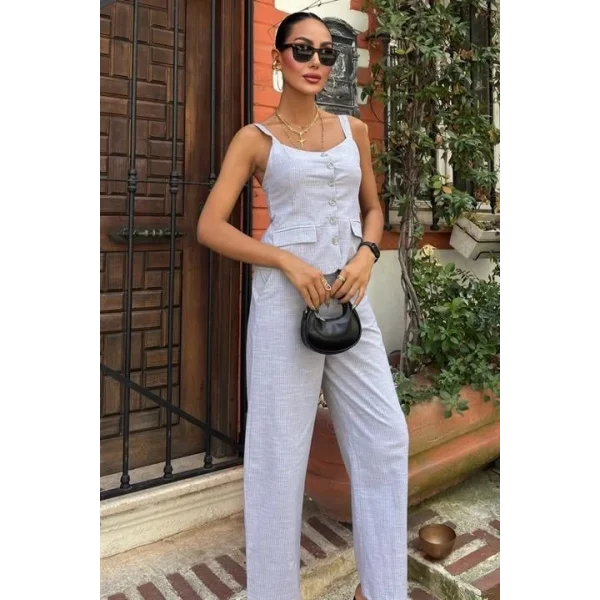 Kalın Askılı Bluz Pantolon Keten Takım 10187