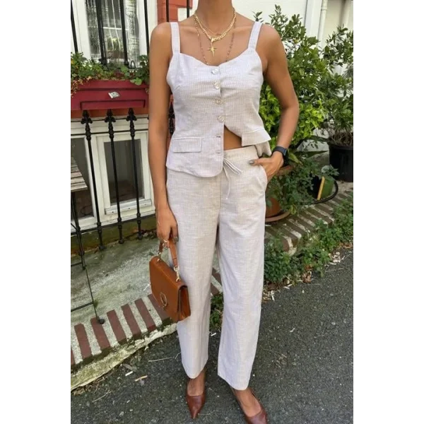 Kalın Askılı Bluz Pantolon Keten Takım 10187