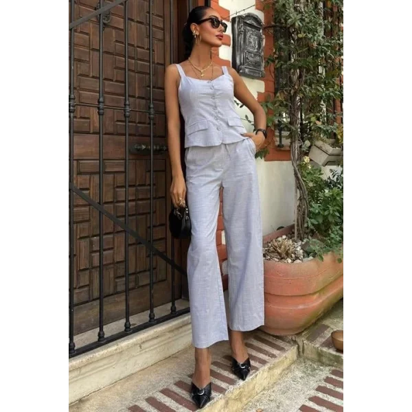 Kalın Askılı Bluz Pantolon Keten Takım 10187