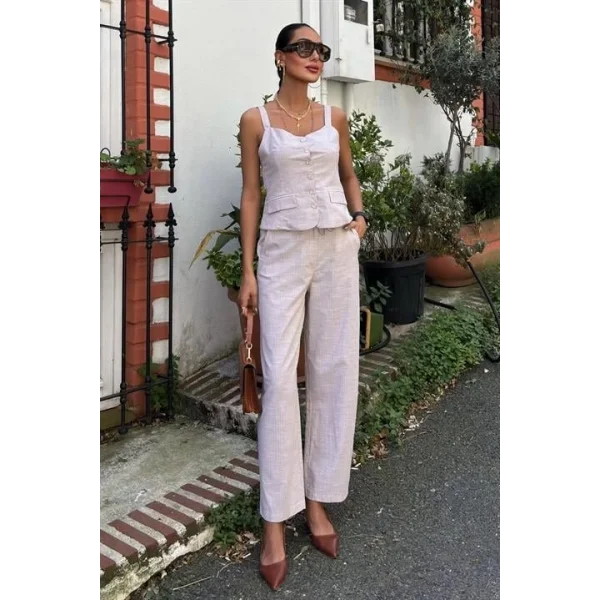 Kalın Askılı Bluz Pantolon Keten Takım 10187