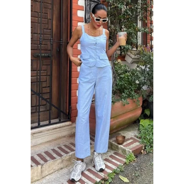 Kalın Askılı Bluz Pantolon Keten Takım 10187