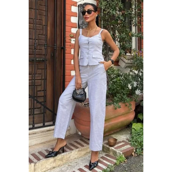 Kalın Askılı Bluz Pantolon Keten Takım 10187