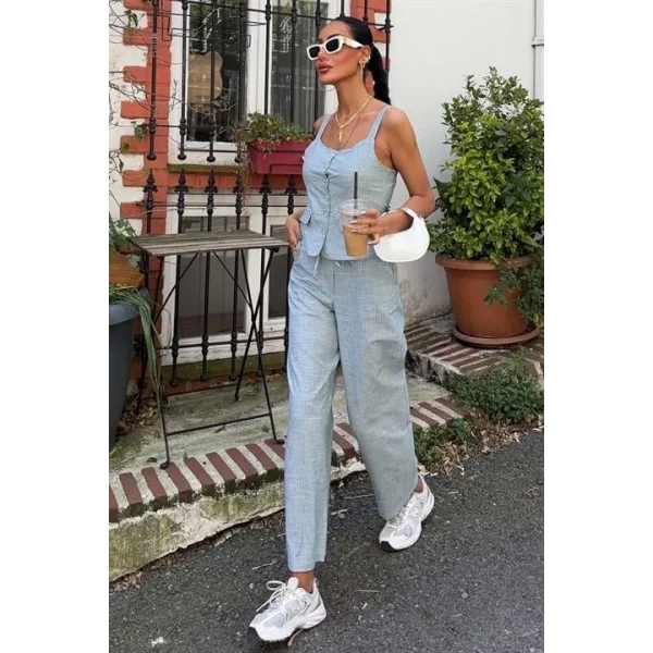 Kalın Askılı Bluz Pantolon Keten Takım 10187