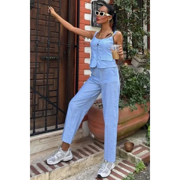 Kalın Askılı Bluz Pantolon Keten Takım 10187