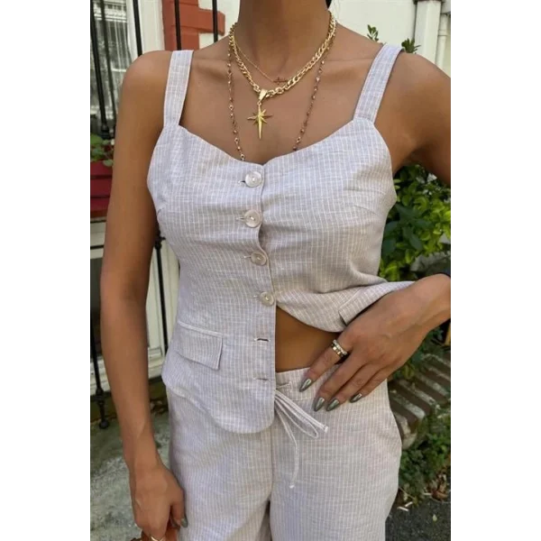 Kalın Askılı Bluz Pantolon Keten Takım 10187