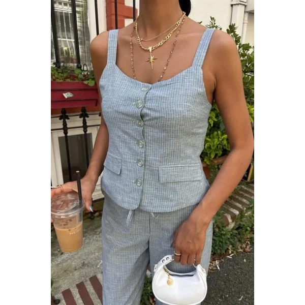 Kalın Askılı Bluz Pantolon Keten Takım 10187