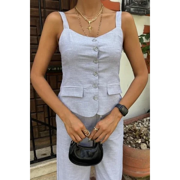 Kalın Askılı Bluz Pantolon Keten Takım 10187