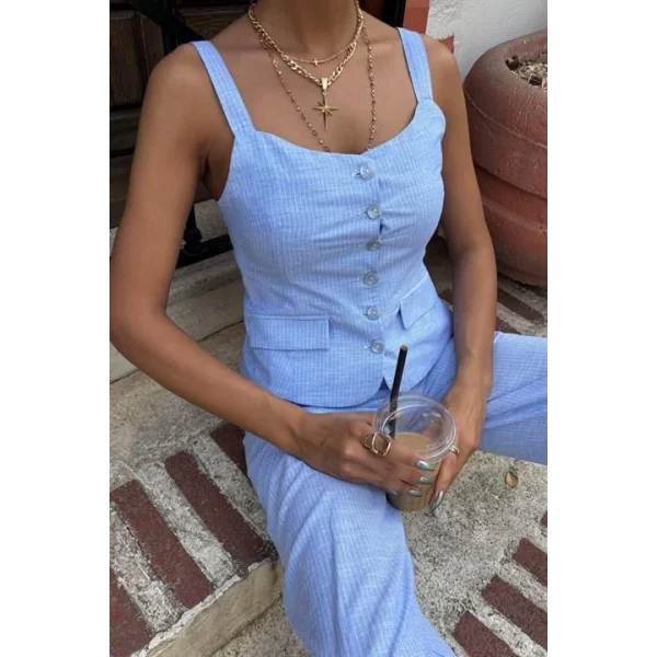 Kalın Askılı Bluz Pantolon Keten Takım 10187