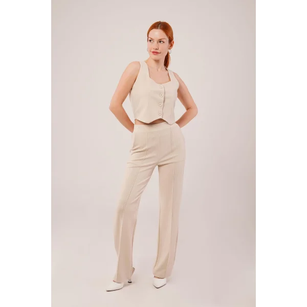 Kalın Askılı Düğmeli Yelek Ve Pantolon Bej Takım