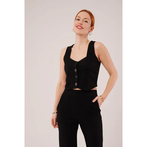 Kalın Askılı Düğmeli Yelek Ve Pantolon iyah Takım