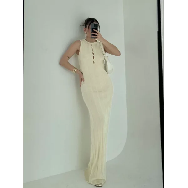 Kalın Fitilli Uzun Triko Elbise - Kırık Beyaz