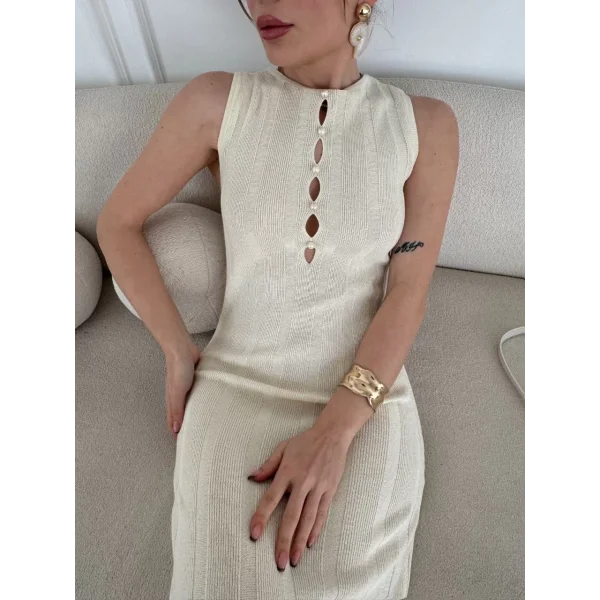 Kalın Fitilli Uzun Triko Elbise - Kırık Beyaz