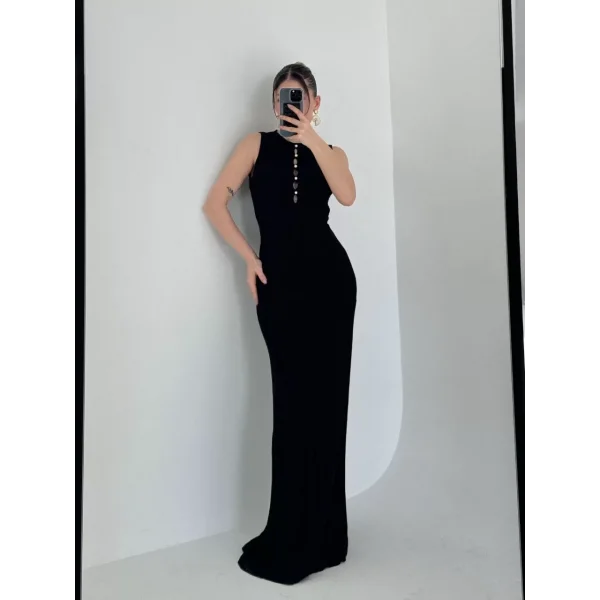 Kalın Fitilli Uzun Triko Elbise - Siyah