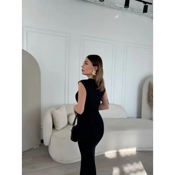 Kalın Fitilli Uzun Triko Elbise - Siyah