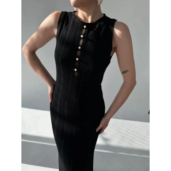 Kalın Fitilli Uzun Triko Elbise - Siyah