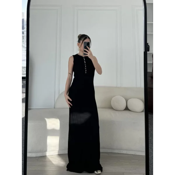 Kalın Fitilli Uzun Triko Elbise - Siyah