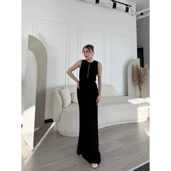 Kalın Fitilli Uzun Triko Elbise - Siyah