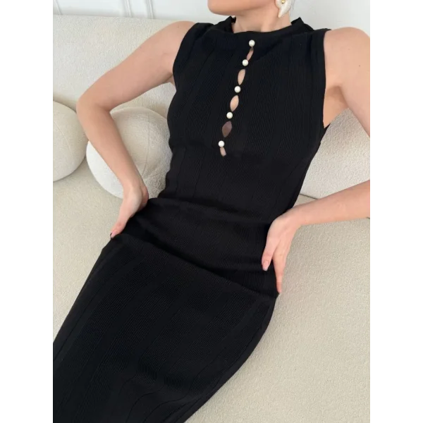 Kalın Fitilli Uzun Triko Elbise - Siyah