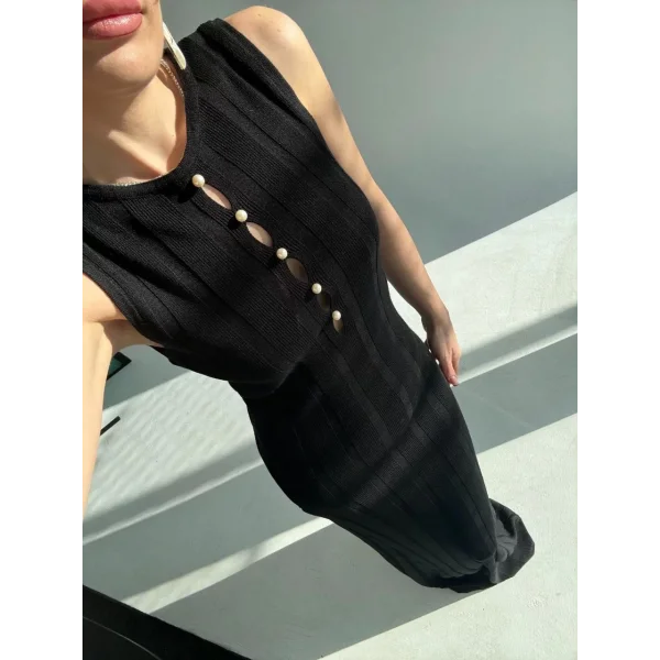 Kalın Fitilli Uzun Triko Elbise - Siyah