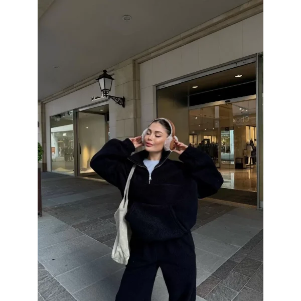 Kalın Polar Yakalı Fermuarlı Sweat Pantalonlu Takım - Siyah