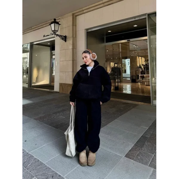 Kalın Polar Yakalı Fermuarlı Sweat Pantalonlu Takım - Siyah