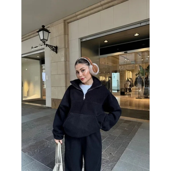 Kalın Polar Yakalı Fermuarlı Sweat Pantalonlu Takım - Siyah