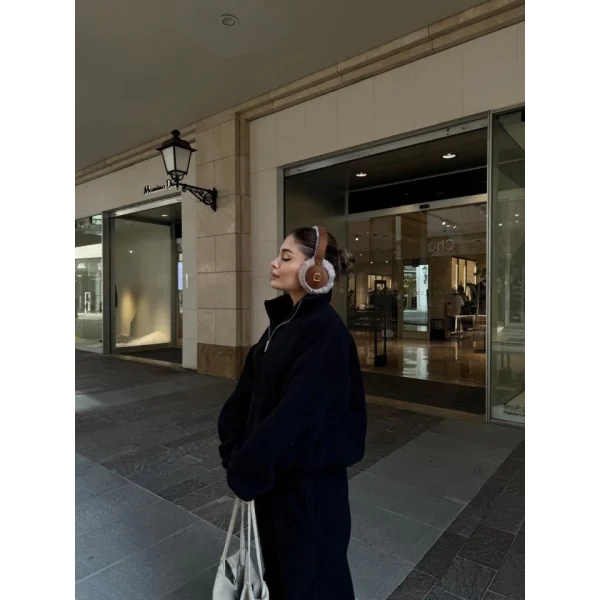 Kalın Polar Yakalı Fermuarlı weat Pantalonlu Takım  iyah