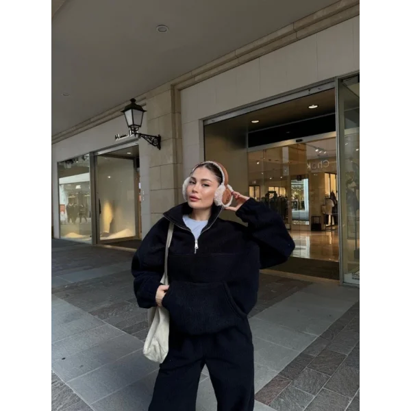 Kalın Polar Yakalı Fermuarlı weat Pantalonlu Takım  iyah