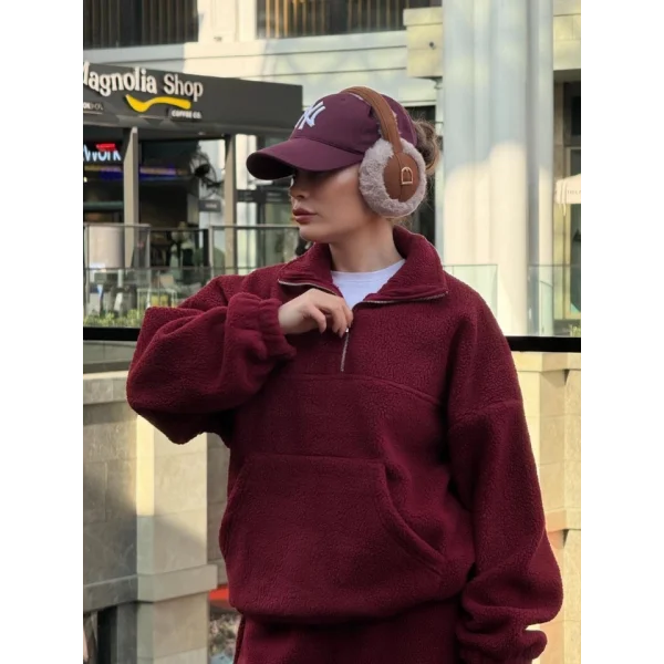 Kalın Polar Yakalı Fermuarlı weat Pantolonlu Takım  Bordo