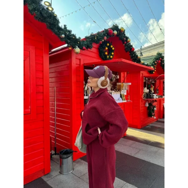 Kalın Polar Yakalı Fermuarlı weat Pantolonlu Takım  Bordo