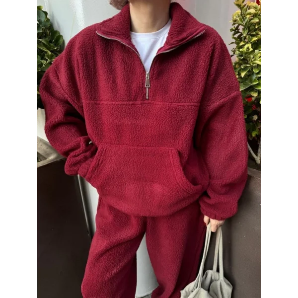 Kalın Polar Yakalı Fermuarlı weat Pantolonlu Takım  Bordo