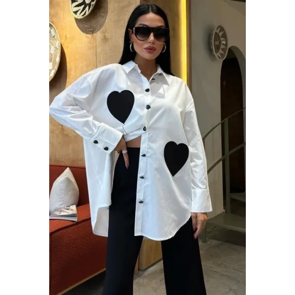 Kalp Nakışlı Ve Düğme Detaylı Oversize Gömlek 3430