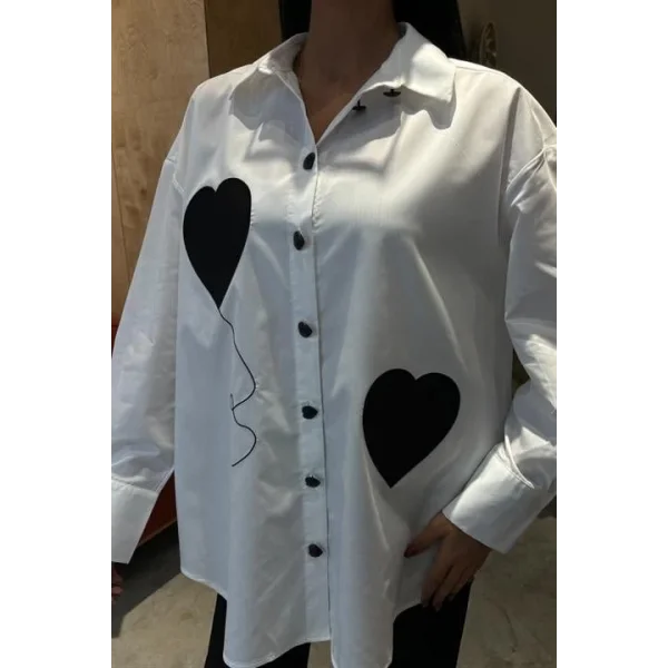Kalp Nakışlı Ve Düğme Detaylı Oversize Gömlek 3430