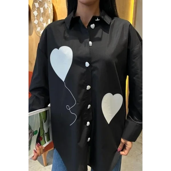 Kalp Nakışlı Ve Düğme Detaylı Oversize Gömlek 3430
