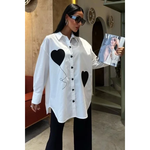 Kalp Nakışlı Ve Düğme Detaylı Oversize Gömlek 3430