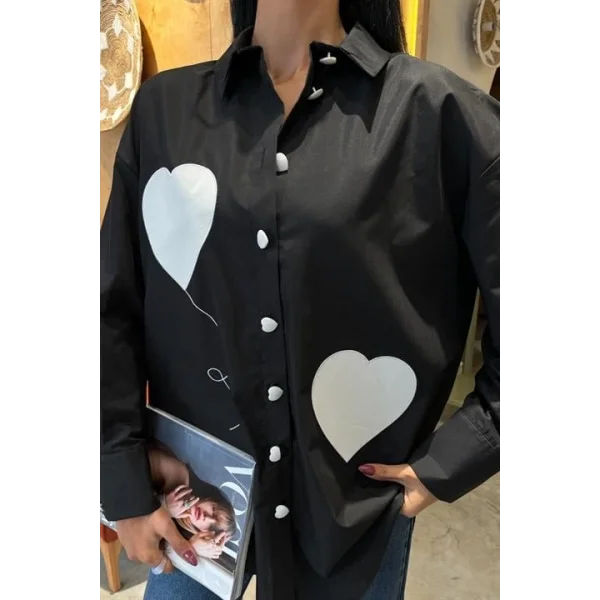 Kalp Nakışlı Ve Düğme Detaylı Oversize Gömlek 3430