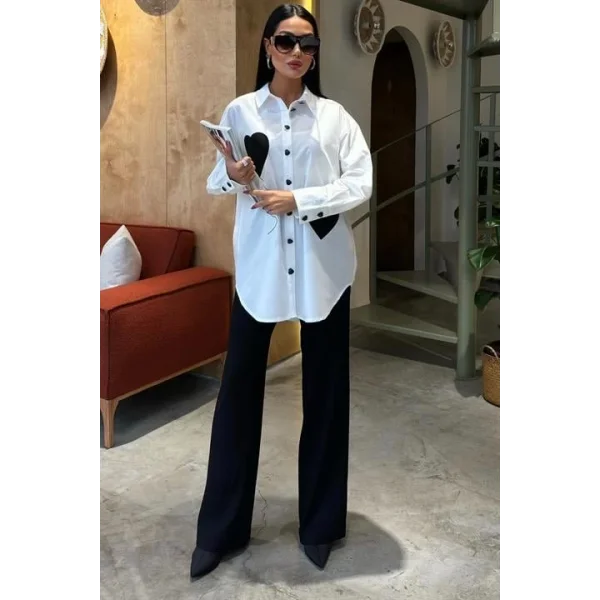 Kalp Nakışlı Ve Düğme Detaylı Oversize Gömlek 3430