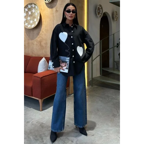 Kalp Nakışlı Ve Düğme Detaylı Oversize Gömlek 3430